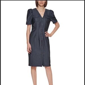 Calvin Klein Denim Puff-Sleeve Sheath Dress Sz 6